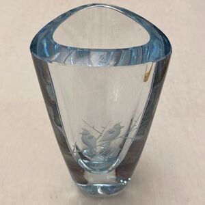 Strombergshyttan Ice Blue Tint Glass Vase with Bird Design. Signed and numbered.